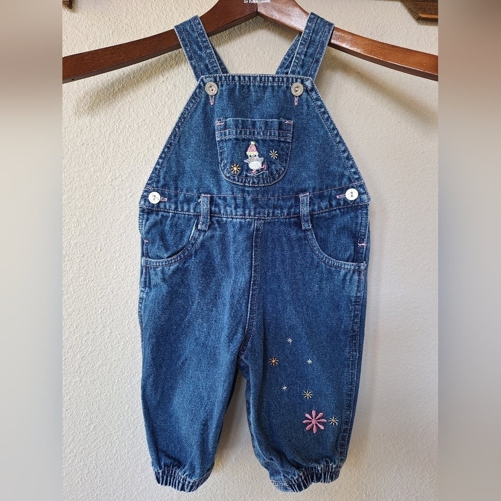 Vintage Moonbeams Denim Embroidered Baby Girl Overalls Snap Open Size 3-6 Months